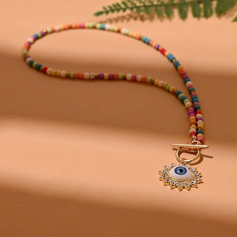 4mm Colorful Stone Choker Necklace for Women | Round Evil Charm Pendant