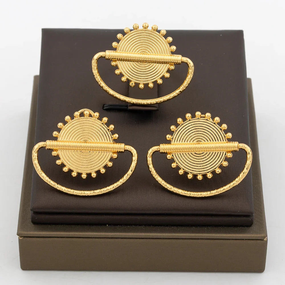 New Design Earrings Jewelry Set for Women Fashion 18k Gold Plated Copper Resizable Ring and Earrings for Dubai Retro Jewelry