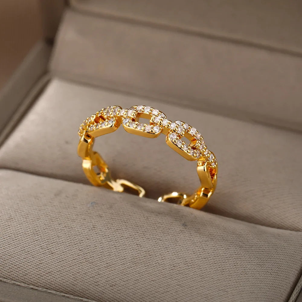 Stainless Steel Belt Rings For Women Zircon Adjustable Belt Finger Ring Femme Geometric Wedding Aesthetic Jewerly Gift anillos