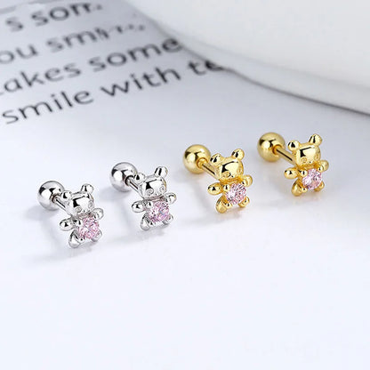 925 Sterling Silver Adorable Bear Ear Studs Screw-On Ear Plugs Stylish Ear Jewelry Exquisite Gift