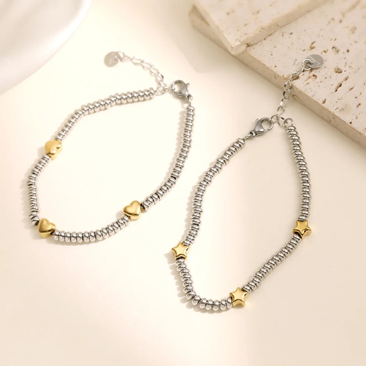 NEWBUY Hot Sale Non-Fading Stainless Steel Jewelry Gold Color Heart/Star Silver Beads Charm Bracelets For Women Wholesale
