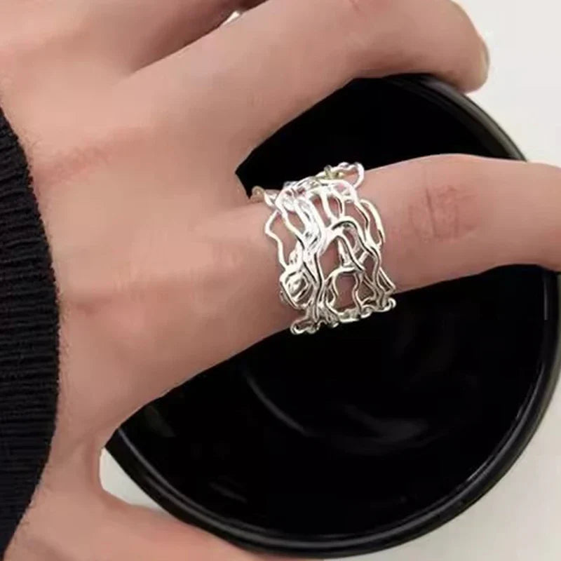 PANJBJ 925 Sterling Silver Pearl Irregular Ring | Women Shell Overlapping Hollow Sweet Design Jewelry