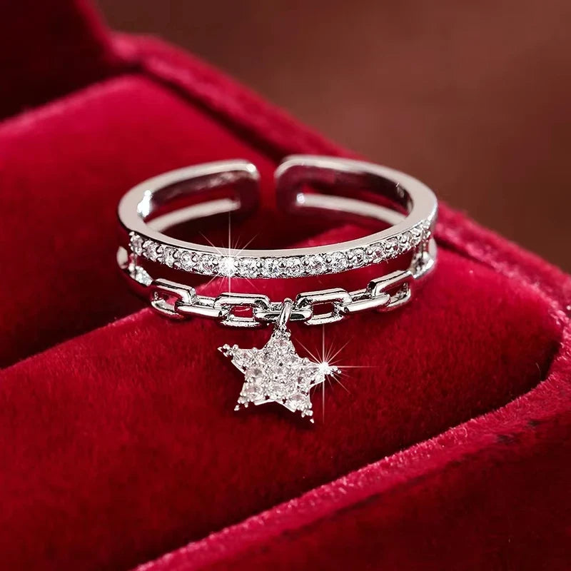 Exquisite Double-layer Design Women's Opening Ring Synthetic Zirconia Adjustable Ring with Star Pendant