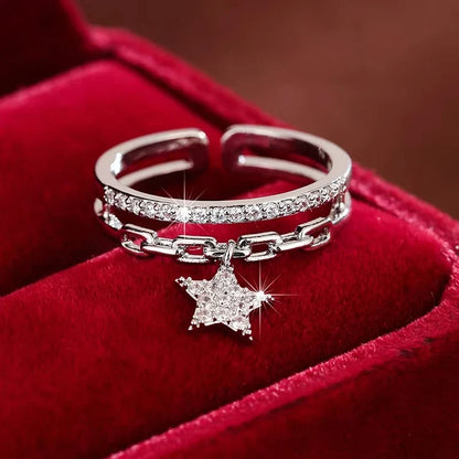 Exquisite Double-layer Design Women's Opening Ring Synthetic Zirconia Adjustable Ring with Star Pendant