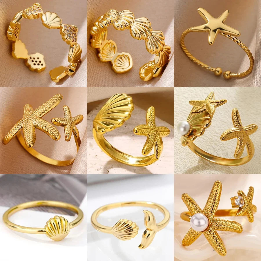 Starfish Shell Stainless Steel Open Rings For Women Fashion Gold Color Finger Ring Trendy Summer Beach Vacation Ocean Jewelry