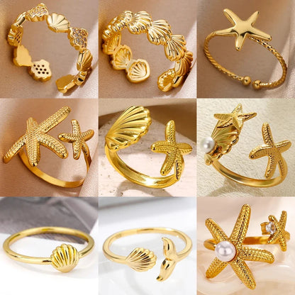 Starfish Shell Stainless Steel Open Rings For Women Fashion Gold Color Finger Ring Trendy Summer Beach Vacation Ocean Jewelry
