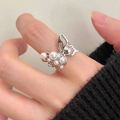 PANJBJ 925 Sterling Silver Pearl Irregular Ring | Women Shell Overlapping Hollow Sweet Design Jewelry