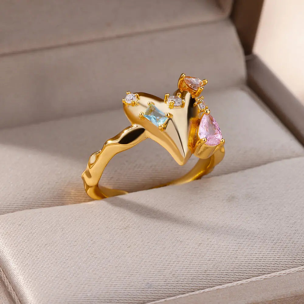 Luxury Zircon Heart Rings For Women Gold Color Open Stainless Steel Crystal Geometry Finger Ring Jewelry Wedding Gift anillos