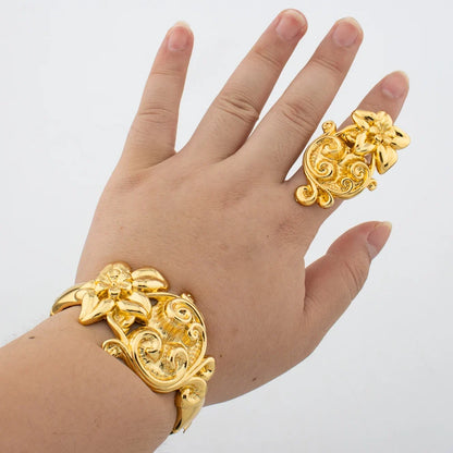 Leopard Design Bangle and Ring Jewelry Set Gold Plated African Bracelet Adjustable Ring Weddings Bridal Jewelry Accessories
