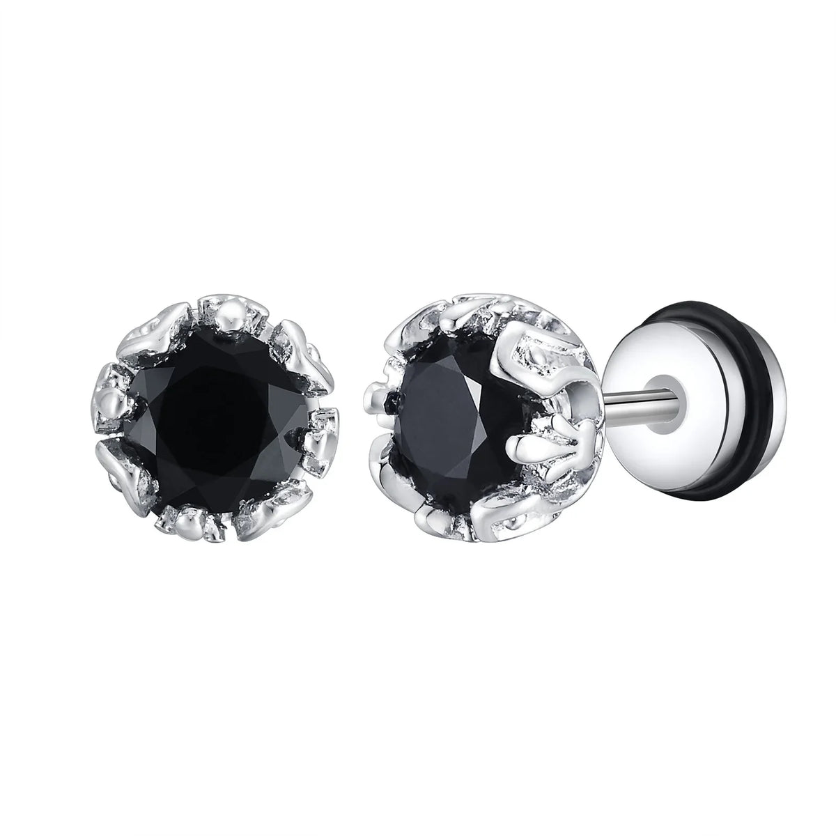 Unisex Black Onyx Screw Stud Earrings | Stainless Steel Retro Earrings for Men and Women
