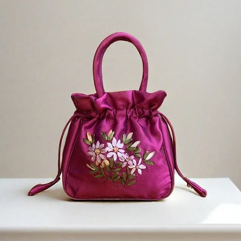 ZTBBAO Embroidered Flower Bucket Bag | Small Top Handle Handbag for Women