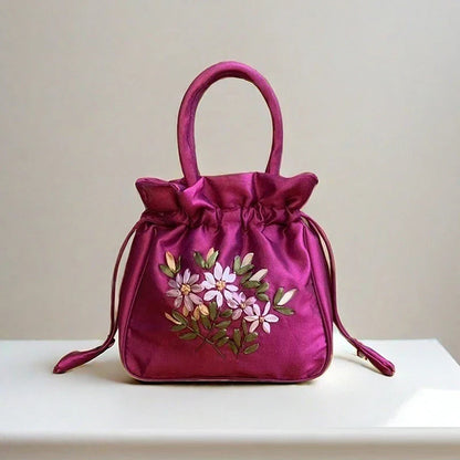 ZTBBAO Embroidered Flower Bucket Bag | Small Top Handle Handbag for Women