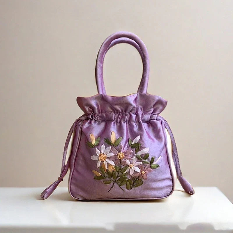 Small Embroidered Flower Bucket Bag | Women's Top Handle Drawstring Purse