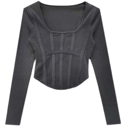 Fishbone Pattern Women's Long Sleeve T-shirt High Waist Slim Square Collar Tops Woman