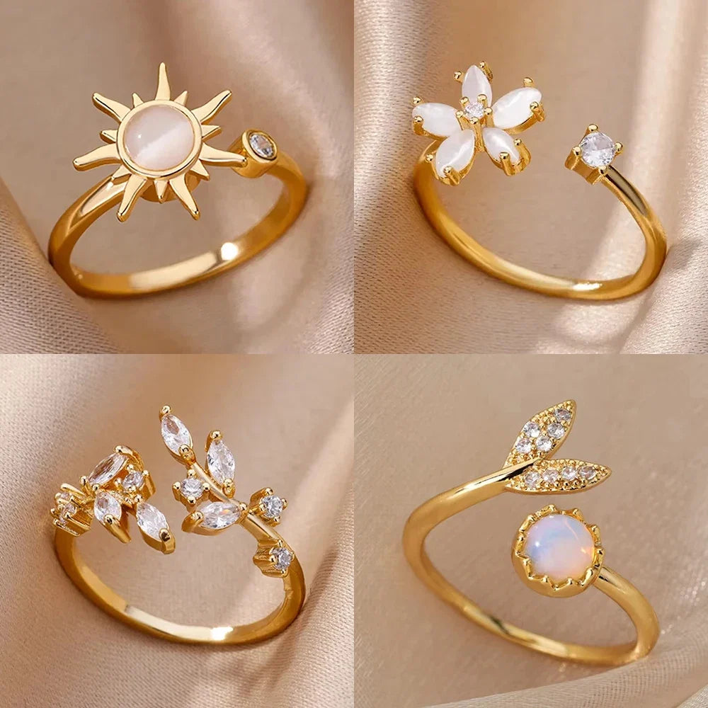 Fashion Zircon Sun Flower Rings For Women Stainless Steel Gold Color Geometric Ring Trendy Wedding Party Aesthetic Jewelry Gifts
