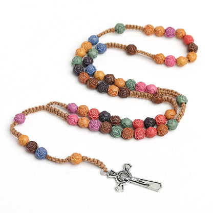 Christian Rose Beads Rosary Necklace For Women INRI Cross Crucifix Pendant Long Chain Female Fashion Religion Jewelry Gift