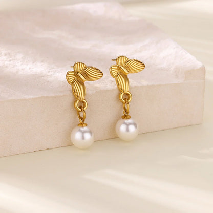 Elegant Imitation Pearl Earrings for Women Stainless Steel Heart Butterfly Shell Drop Earrings Luxury Aesthetic Jewelry Gift