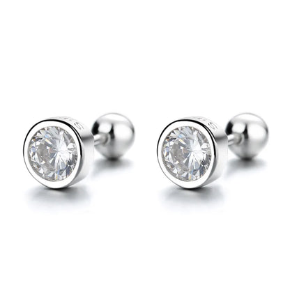925 sterling silver zircon round bead threaded stud earrings, women's screw twist-off stud earrings, simple and fashion