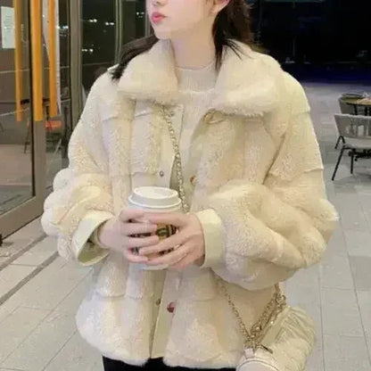 White Faux Fur Jacket – Vegan Leather Trimmed Cuffs | S-XXL