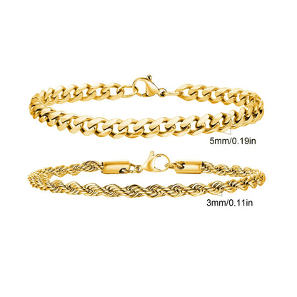 Men's Stainless Steel Chain Bracelets Set | 2pcs Silver Gold Black Twist Rope & Cuban Link
