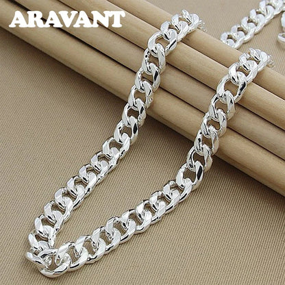 Aravant 925 Silver 10MM Necklace Bracelets Chain Set For Men Women Fashion Jewelry