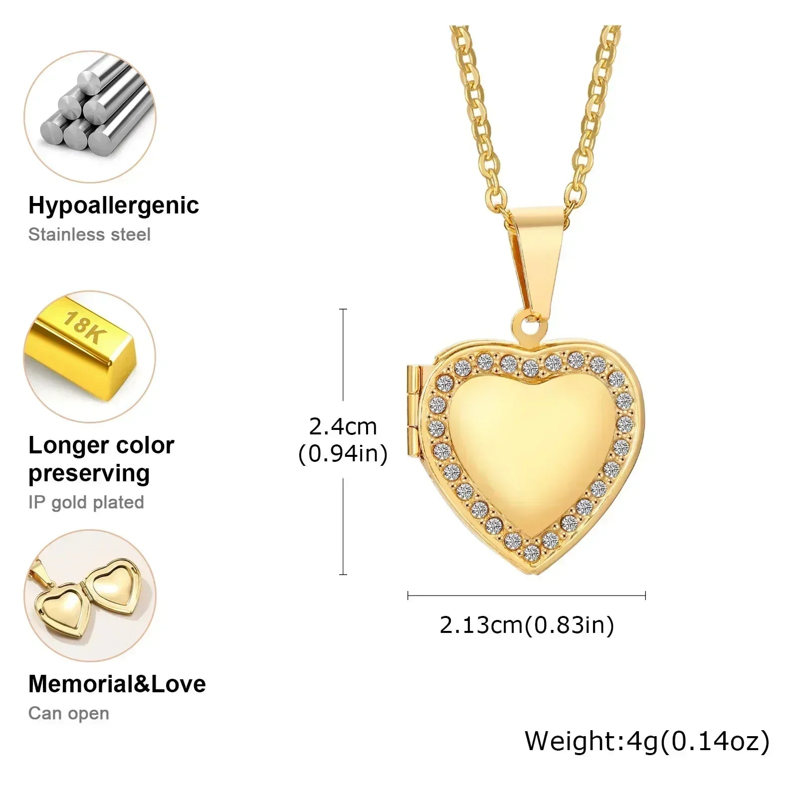 Vnox Stainless Steel Heart Locket Necklace Pendant with Photo Frame, Elegant Gold Plated Design Womens Gift