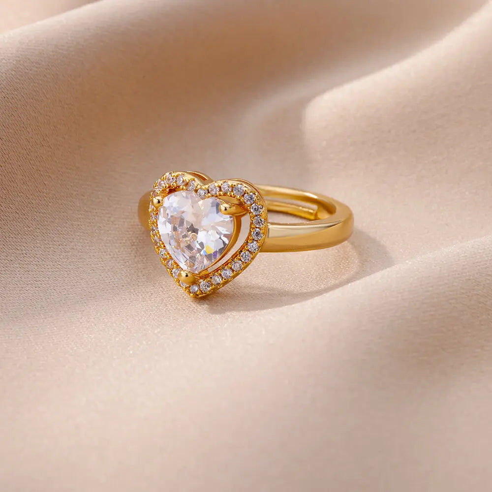 Stainless Steel Heart Rings For Women Zircon Gold Color Heart Adjustable Ring Femme Wedding Party Accessories Jewelry Gift 2024