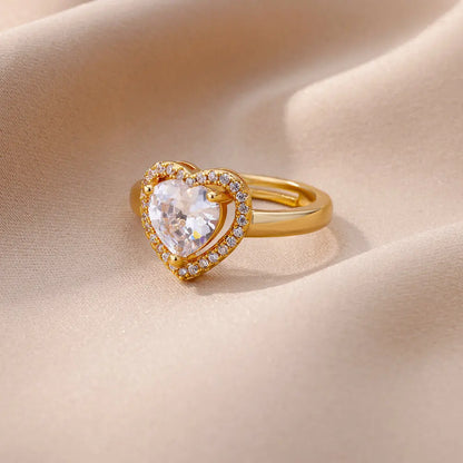 Stainless Steel Heart Rings For Women Zircon Gold Color Heart Adjustable Ring Femme Wedding Party Accessories Jewelry Gift 2024