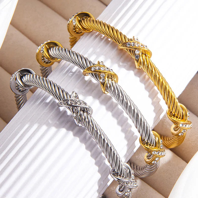 1pcs Stainless Steel 8-shaped Cross Diamond Bracelet Trendy Fashion Versatile Steel Rope Open Bracelet Party Jewelry Gifts