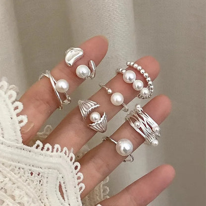 PANJBJ 925 Sterling Silver Pearl Irregular Ring | Women Shell Overlapping Hollow Sweet Design Jewelry