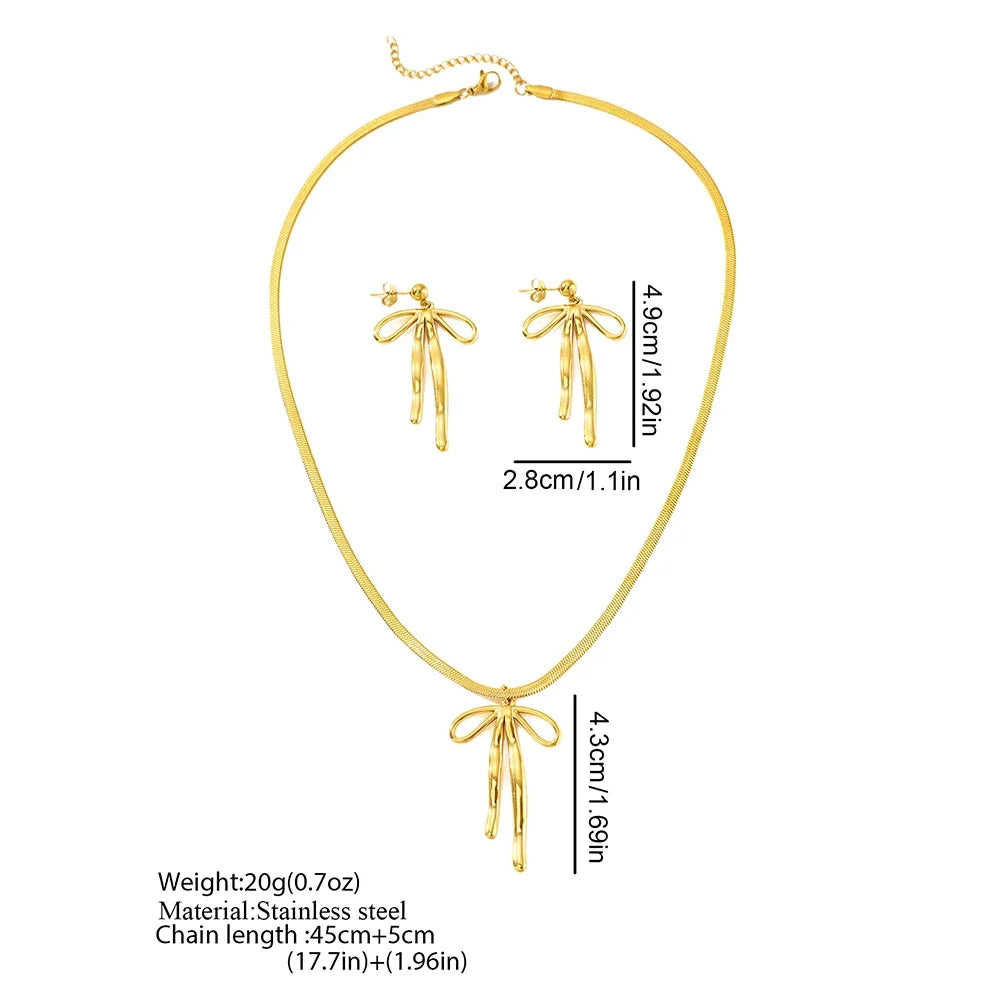 Aomogo Stainless Steel Set Luxury Fashion Bow Tie Pendant Snake Bone Chain Earrings Necklace Set for Women Jewelry Daily Match