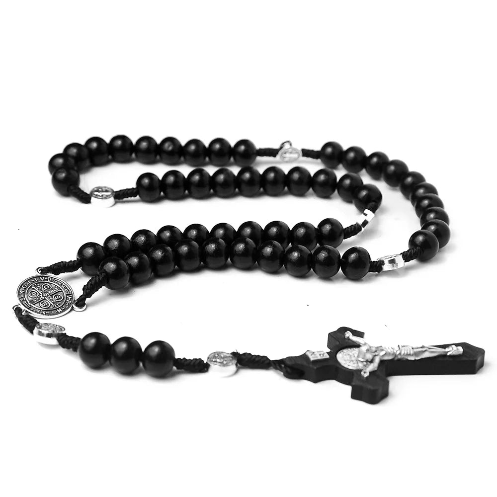 Catholic Wood Beaded Rosary Necklaces For Women Christian INRI Crucifix Cross Pendant Long Chain Men Religion Prayer Jewelry