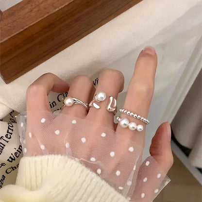 PANJBJ 925 Sterling Silver Pearl Irregular Ring | Women Shell Overlapping Hollow Sweet Design Jewelry