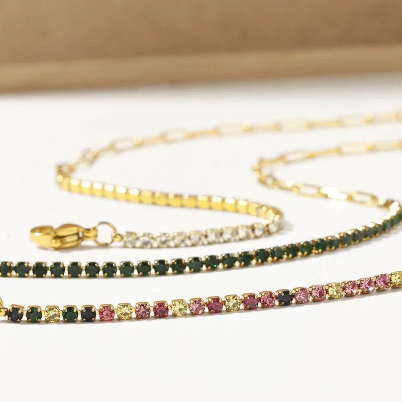 2mm Thin Colorful CZ Stainless Steel Stackable Chain Bracelet for Women Girl