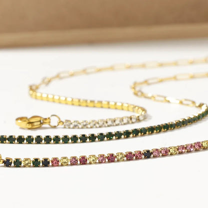 2mm Thin Colorful CZ Stainless Steel Stackable Chain Bracelet for Women Girl