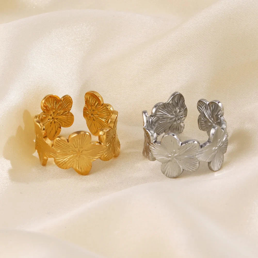 Stainless Steel Flower Adjustable Opening Rings 18k Gold PVD Plated Waterproof Finger Jewelry For Women Wedding Exquisite Gifts