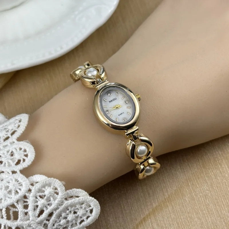 Luxury Pearl Inlaid Bracelet Watch Fashion Women Quartz Watch Brand Oval Dial Dress Wristwatches Dropshipping Relojes Para Mujer