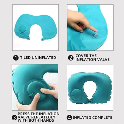 Portable Inflatable U-Shaped Neck Pillow for Travel | Press-Inflatable Neck Support with Built-In Storage