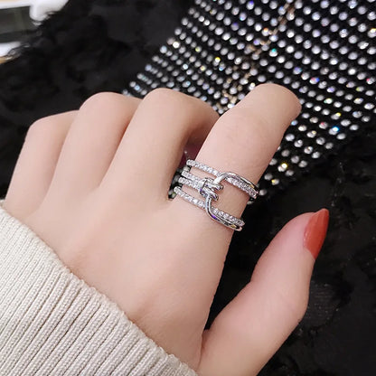Luxury Double Layers Zircon Rings for Women Gold Plated Opening Stainless Steel Ring Trend Aesthetic Party Wedding Jewelry