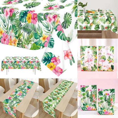 Tropical Hawaiian Party Tablecloth and Candy Bags Set | Flamingo Summer Decor
