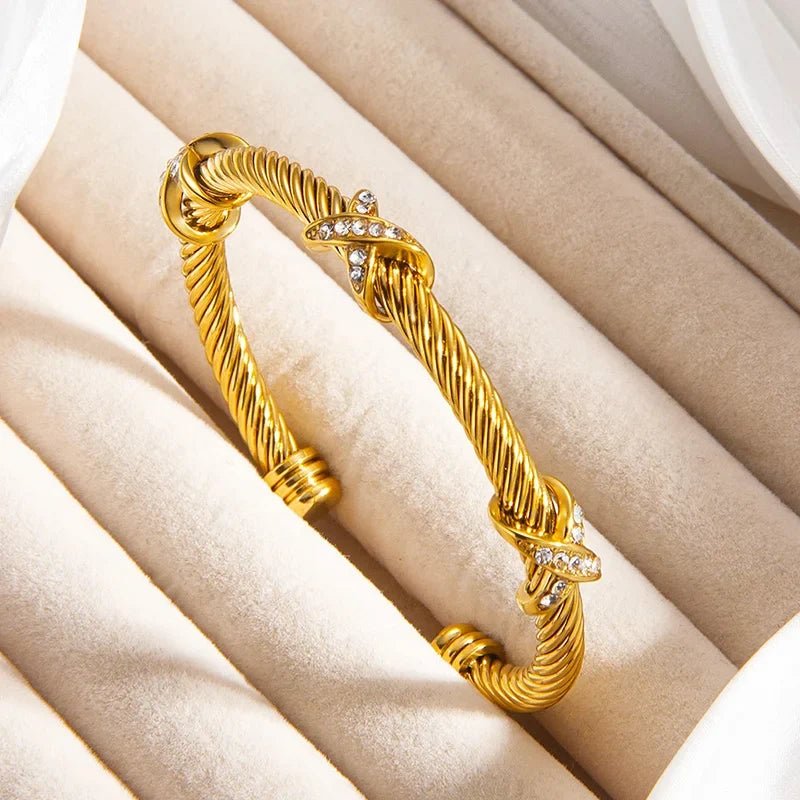 1pcs Stainless Steel 8-shaped Cross Diamond Bracelet Trendy Fashion Versatile Steel Rope Open Bracelet Party Jewelry Gifts