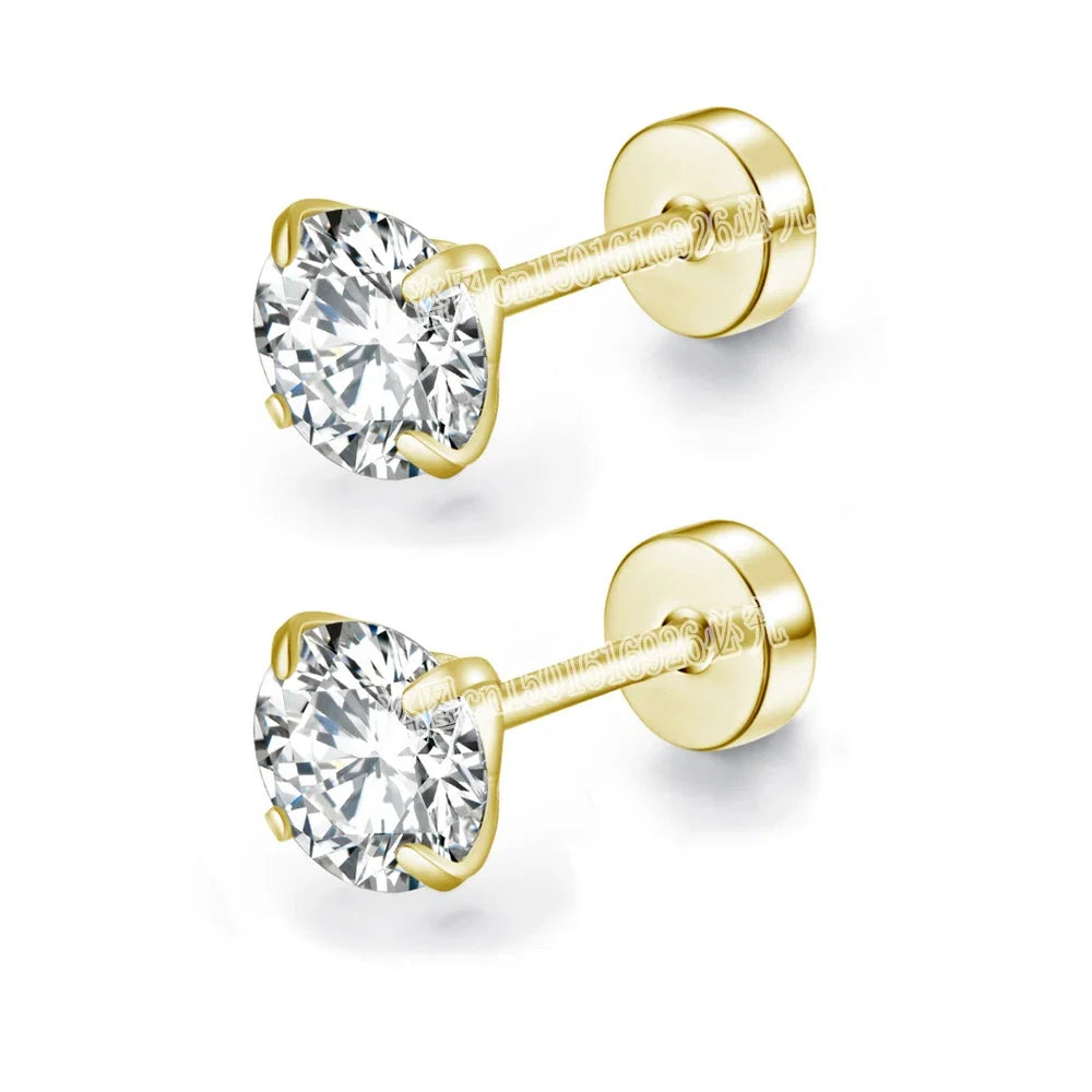 Stainless Steel Cubic Zirconia Stud Earrings | Screw-Back CZ Earrings for Women and Men