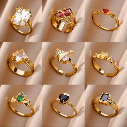 Luxury Zircon Heart Rings For Women Gold Color Open Stainless Steel Crystal Geometry Finger Ring Jewelry Wedding Gift anillos