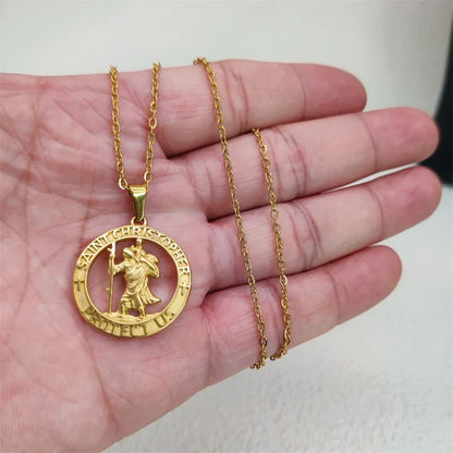 Hot Sale Religious 18K Gold Plated St.Christopher Necklace Stainless Steel Pendant Necklace For Men Women Jewelry Gift