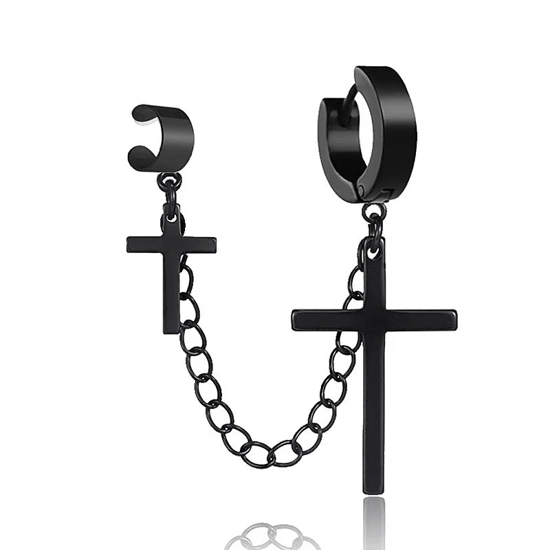 Punk Cross Pendant Clip Earring | Unisex Metal Chain Tassel Ear Cuff