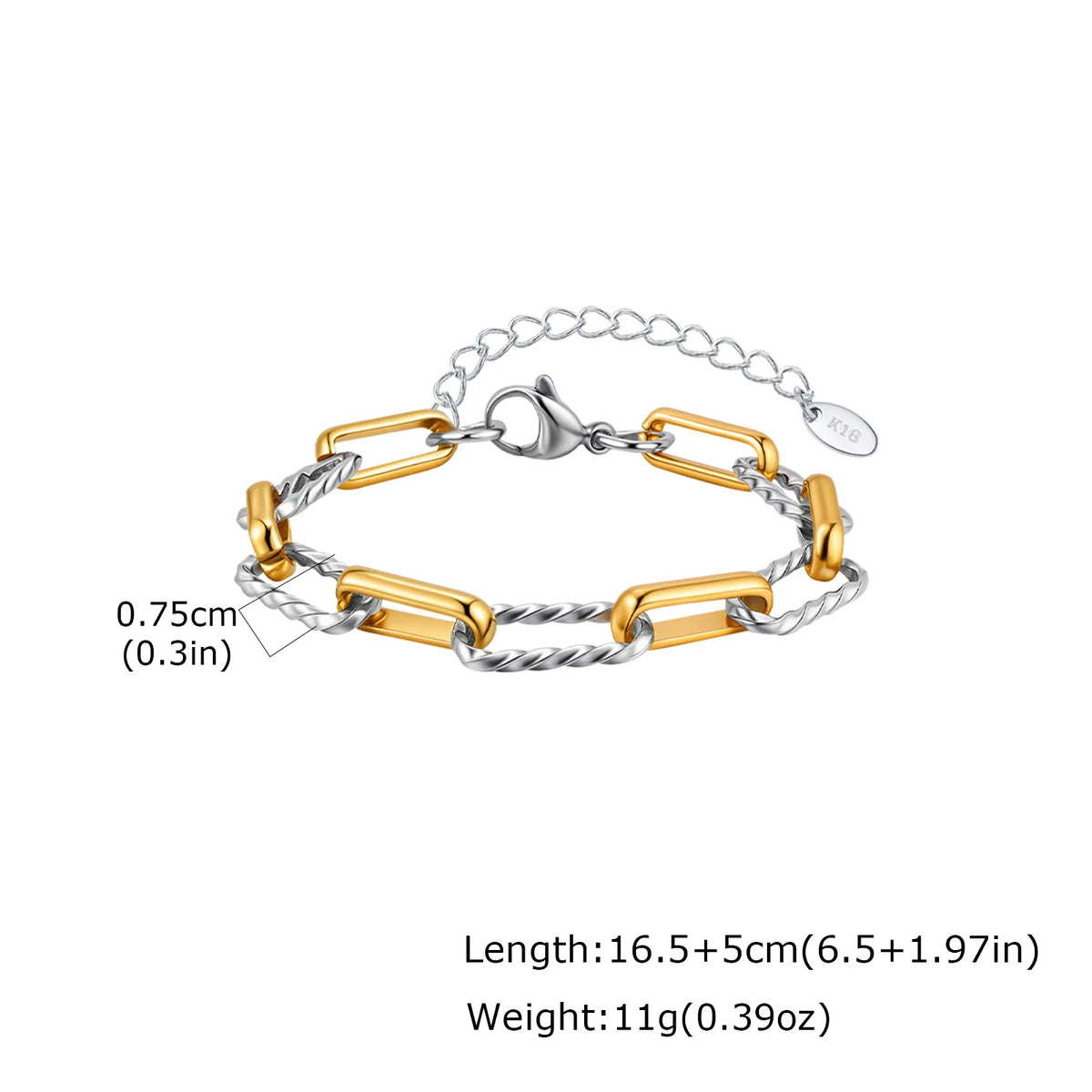Two Tone Twist Link Paperclip Bracelet for Women, Chunky Stainless Steel Bracelet Adjustable Link, 18k Gold Plated Jewelry