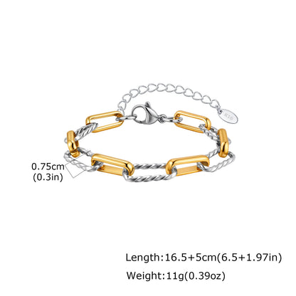 Two Tone Twist Link Paperclip Bracelet for Women, Chunky Stainless Steel Bracelet Adjustable Link, 18k Gold Plated Jewelry