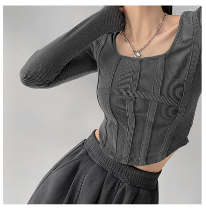 Fishbone Pattern Women's Long Sleeve T-shirt High Waist Slim Square Collar Tops Woman