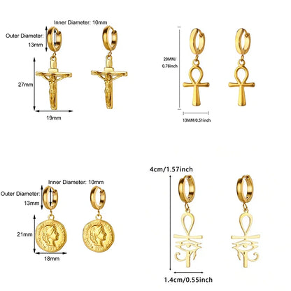 18K Gold Plated Portrait Coin Earrings | Stainless Steel Jesus Cross Dangle Huggie Earrings