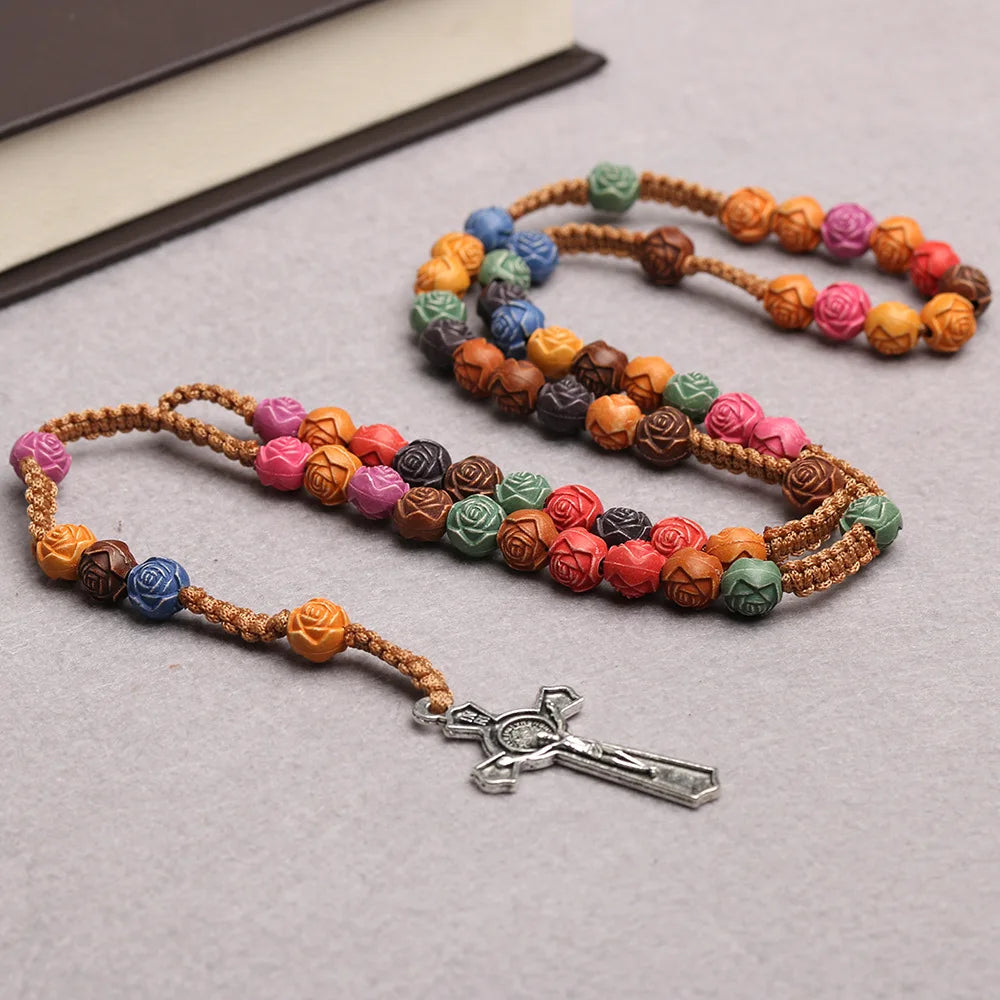 Christian Rose Beads Rosary Necklace For Women INRI Cross Crucifix Pendant Long Chain Female Fashion Religion Jewelry Gift